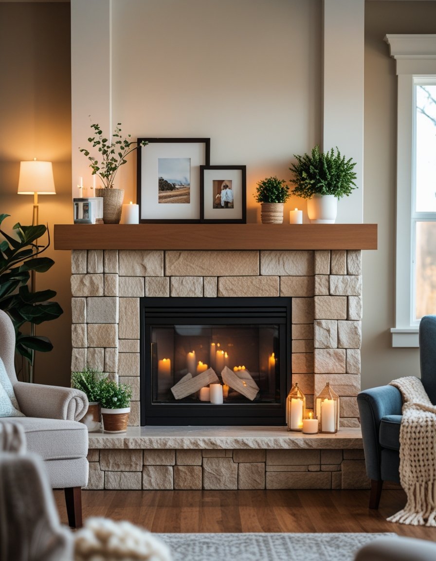 A cozy living room with a stone fireplace and wooden mantel decorated with candles and plants.