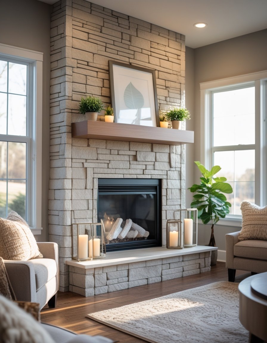 A cozy living room with a stone fireplace and a wooden mantel decorated with candles and plants.