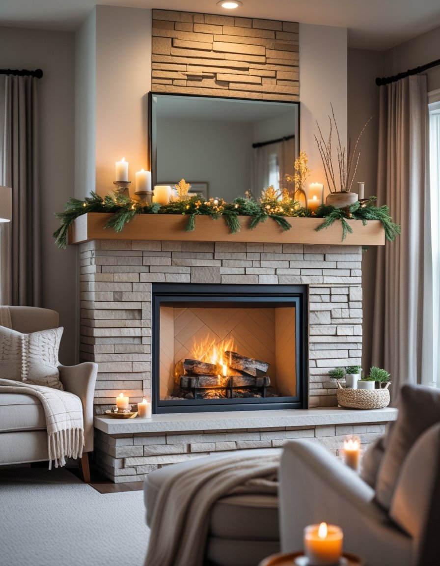 A cozy living room with a decorated fireplace surround and mantel, warm lighting, and comfortable seating nearby.
