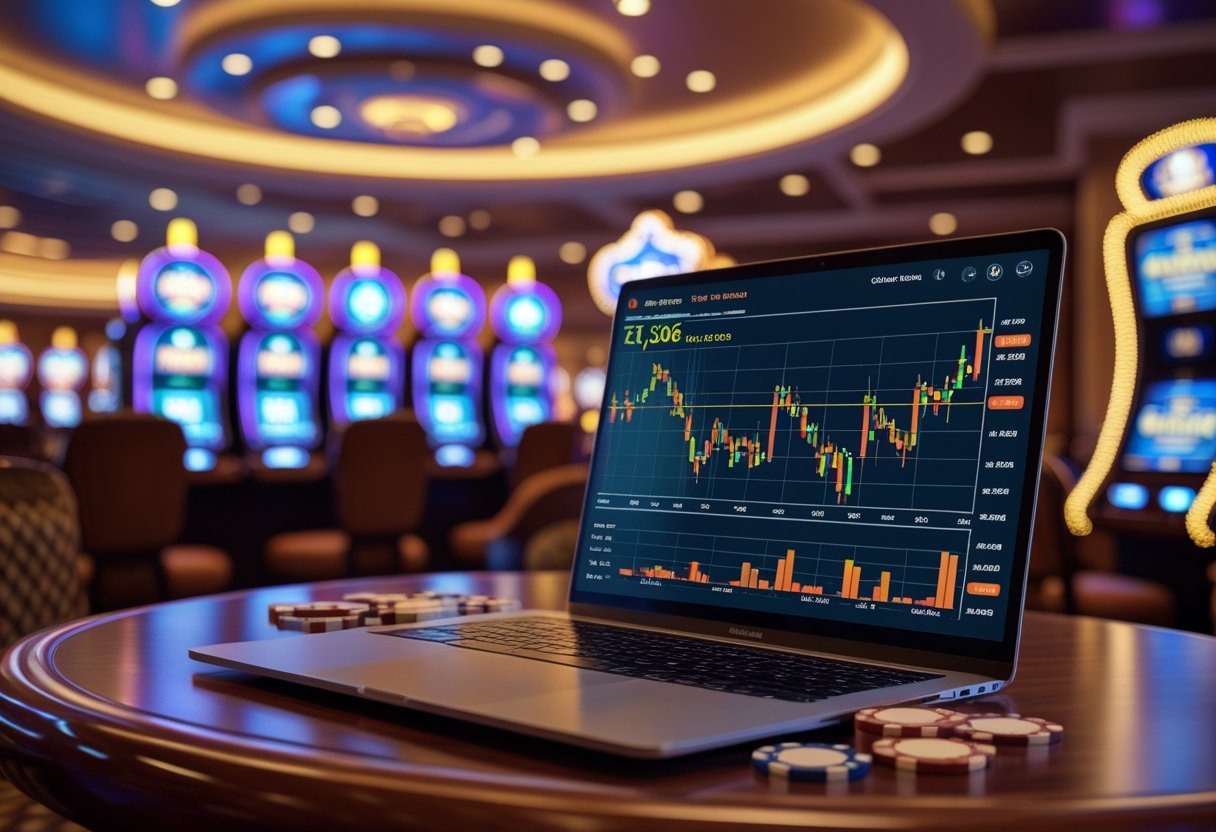 A casino interior with slot machines in the background and a table in the foreground showing a laptop with stock charts, casino chips, and playing cards.