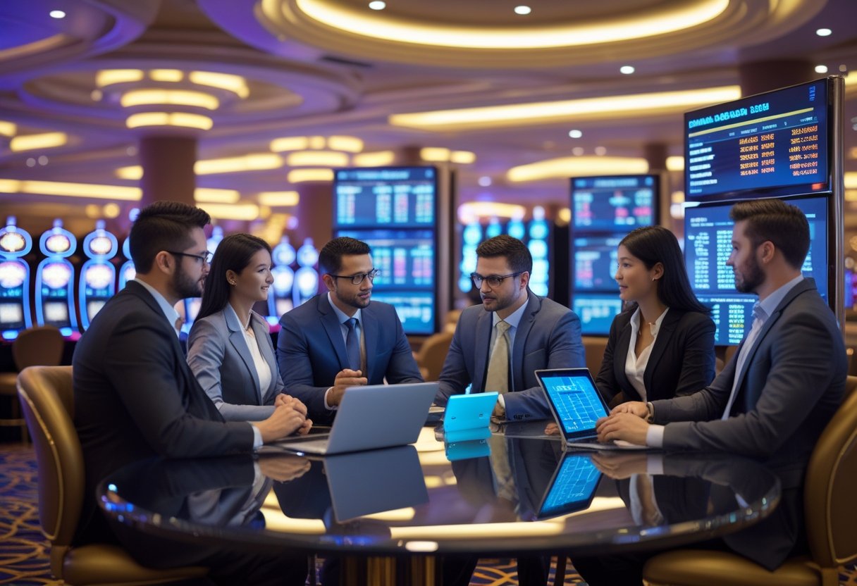 Business professionals discussing financial charts in a modern casino setting with gaming tables and slot machines in the background.