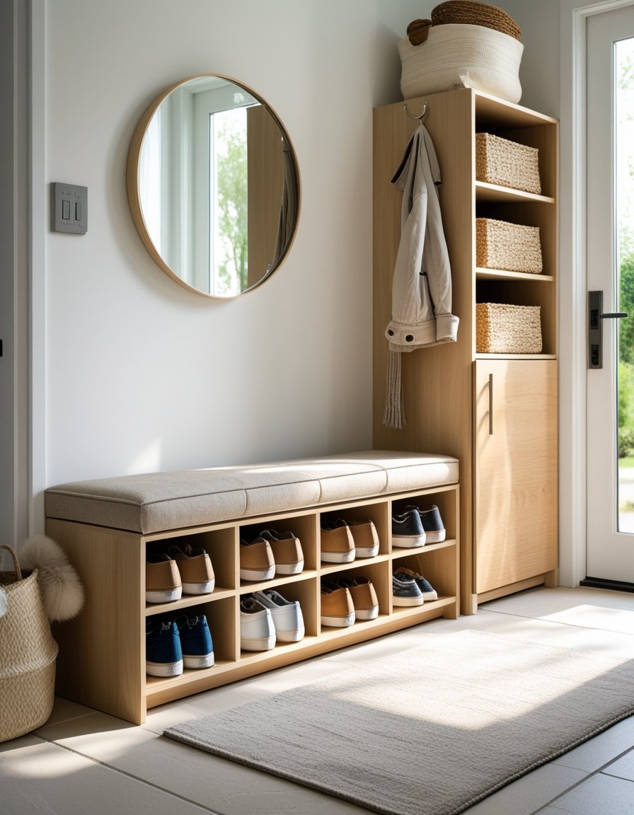 Entryway with a cushioned storage bench and organized shoe storage, including a tall cabinet and open cubbies filled with shoes.