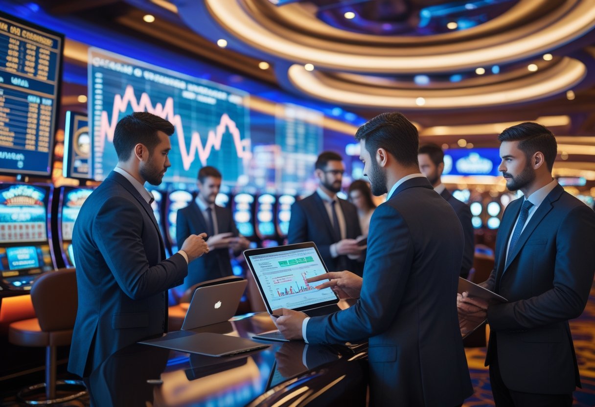 Business professionals discussing financial data in a casino setting with slot machines and digital stock charts in the background.