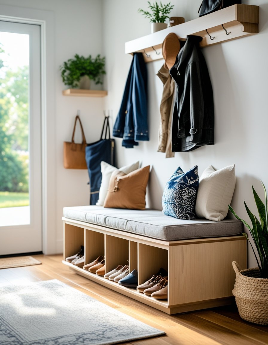 Entryway with a wooden storage bench holding shoes underneath and cushions on top, next to a coat rack with jackets and bags.