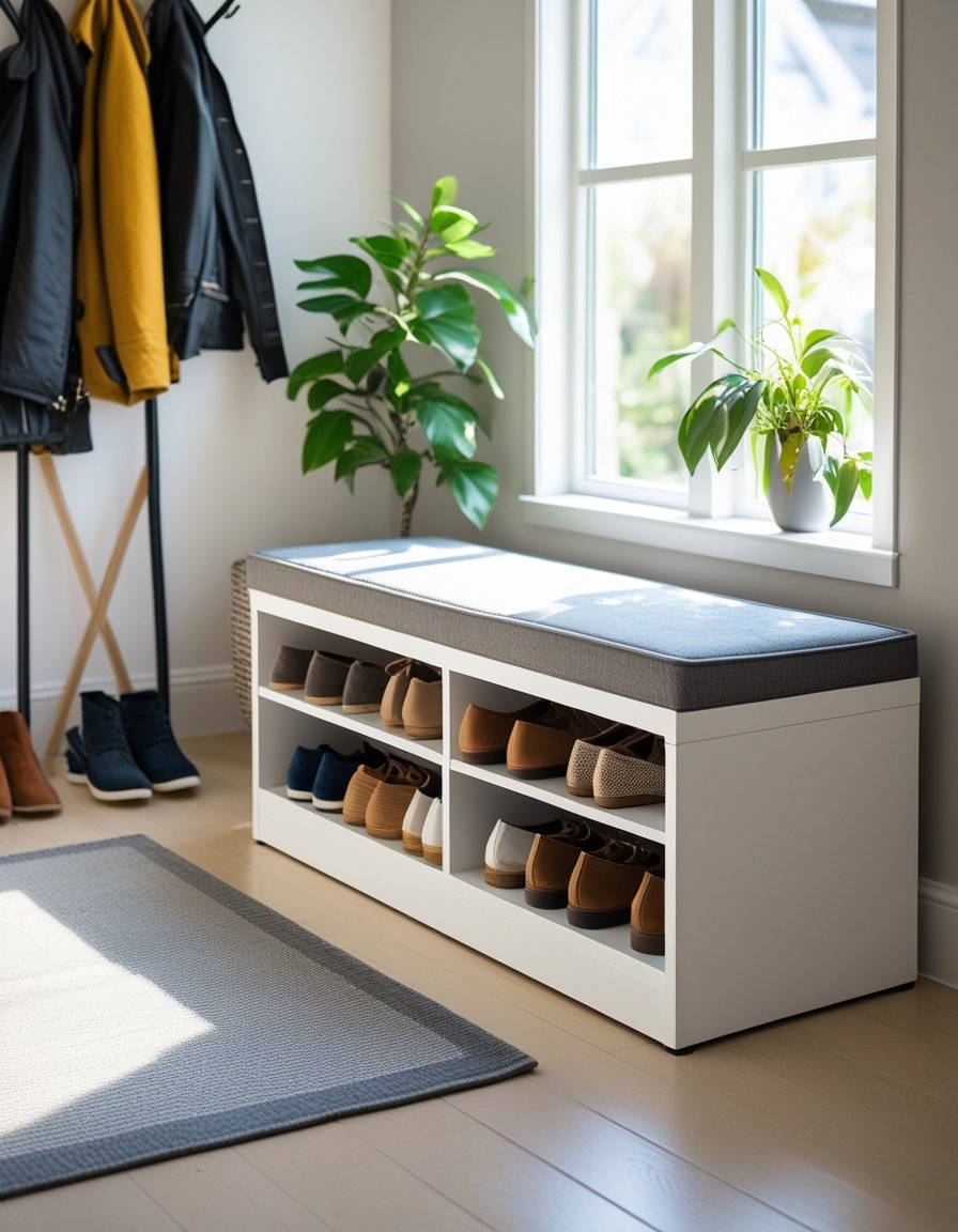 An entryway with a storage bench, organized shoe compartments, jackets hanging on a coat rack, and a potted plant near a window.