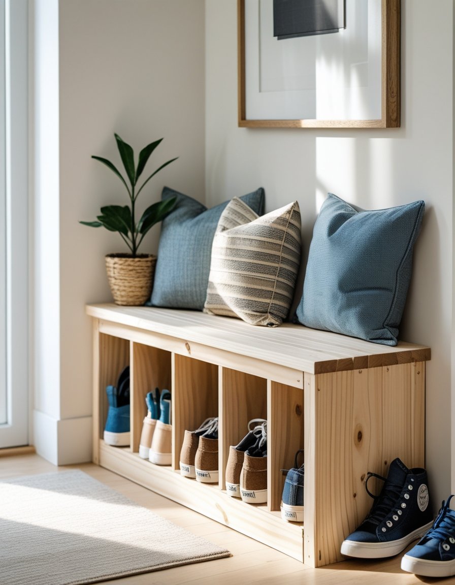 Entryway with a wooden storage bench holding neatly organized shoes in open compartments, decorated with cushions and a small plant.