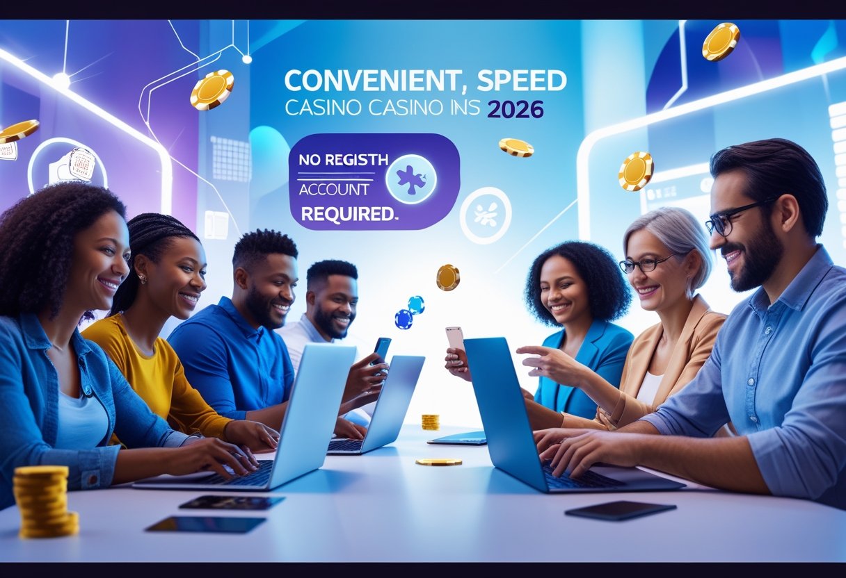 A group of diverse adults using laptops and smartphones in a bright room with digital casino graphics around them, enjoying online gaming without registration.