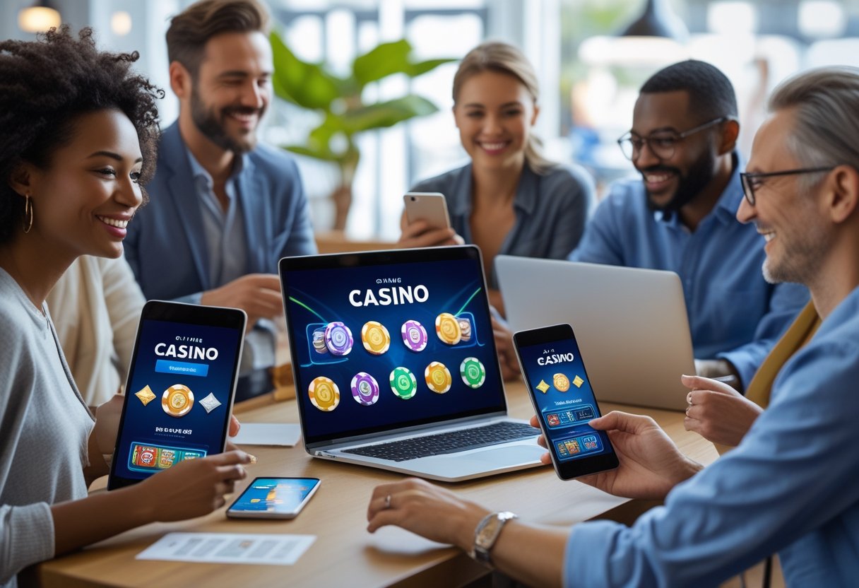 A group of adults using laptops and smartphones to play online casino games in a bright, modern setting.