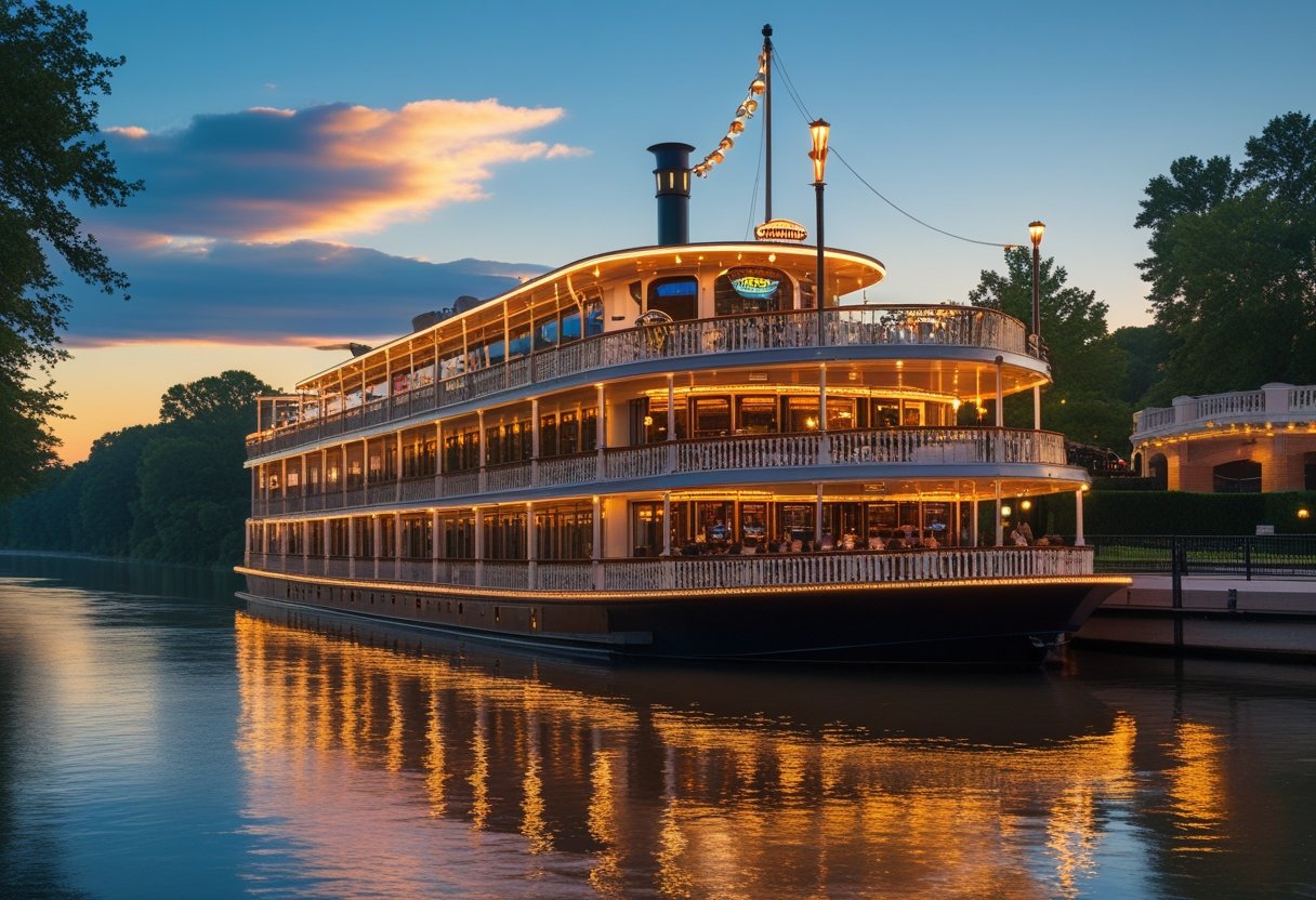 A riverboat casino docked on a calm river at sunset with glowing lights and trees along the riverbank.