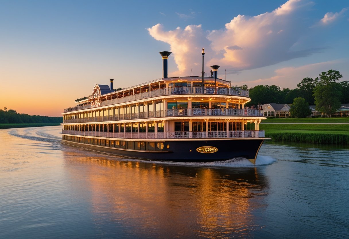 A riverboat casino cruising on a calm river at sunset with lights glowing and trees along the riverbank.