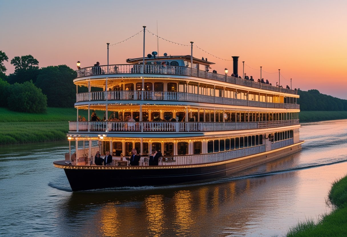 A vintage riverboat casino cruising on a river at sunset with people enjoying the decks and casino games inside.