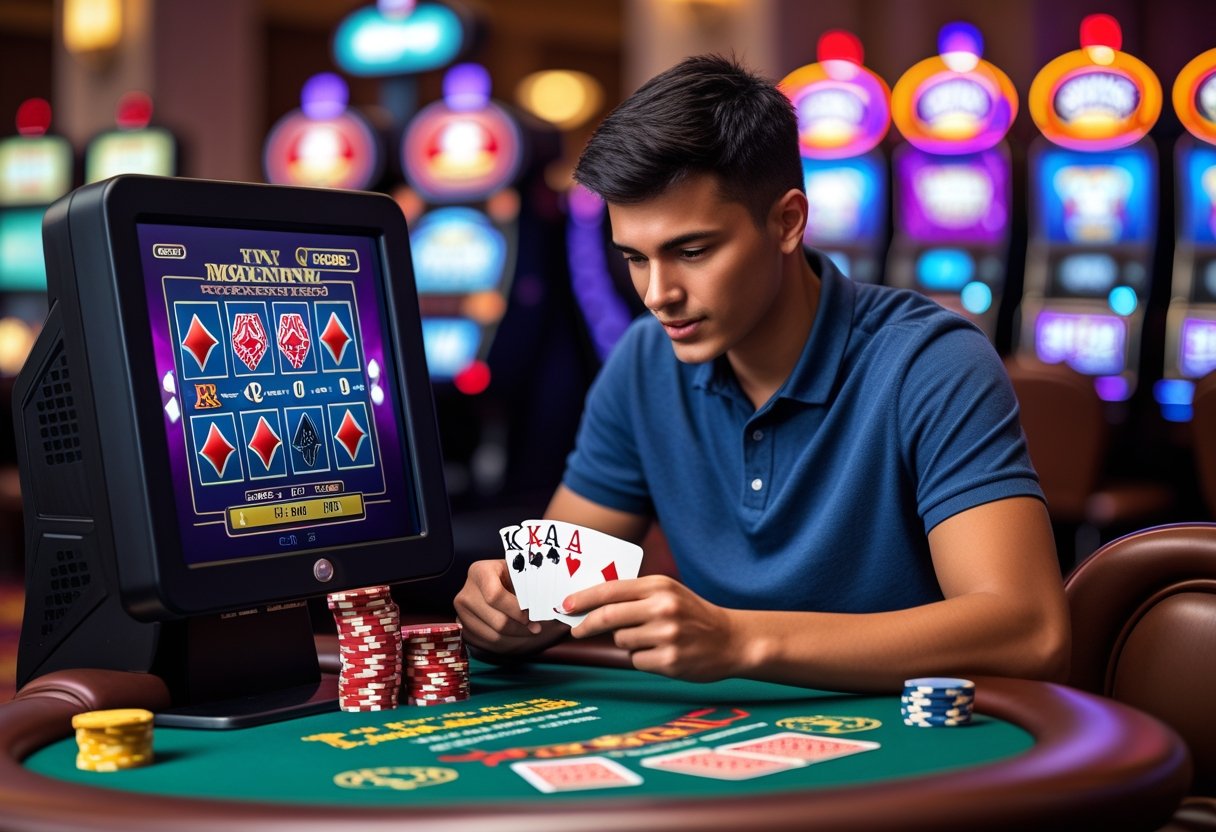 A person sitting at a video poker machine, holding cards and looking at the screen in a casino setting.