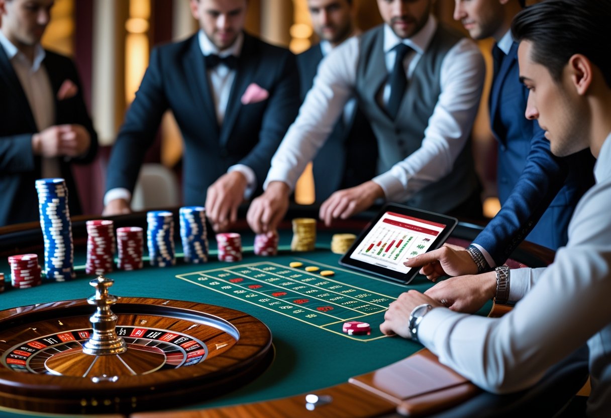 A roulette table with players placing bets, colorful chips stacked nearby, and a digital device showing betting statistics in a casino setting.