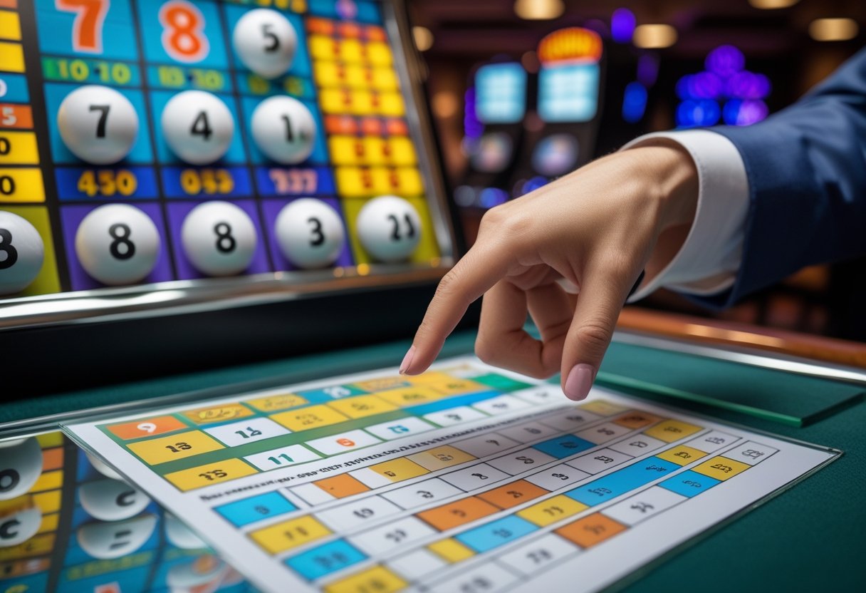 A close-up of a Keno game board with numbered balls