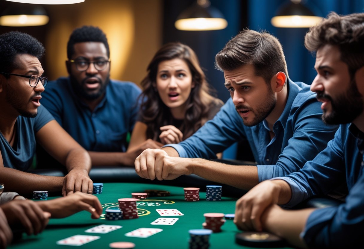 A group of people playing poker around a table, one player looking uncertain while others watch.
