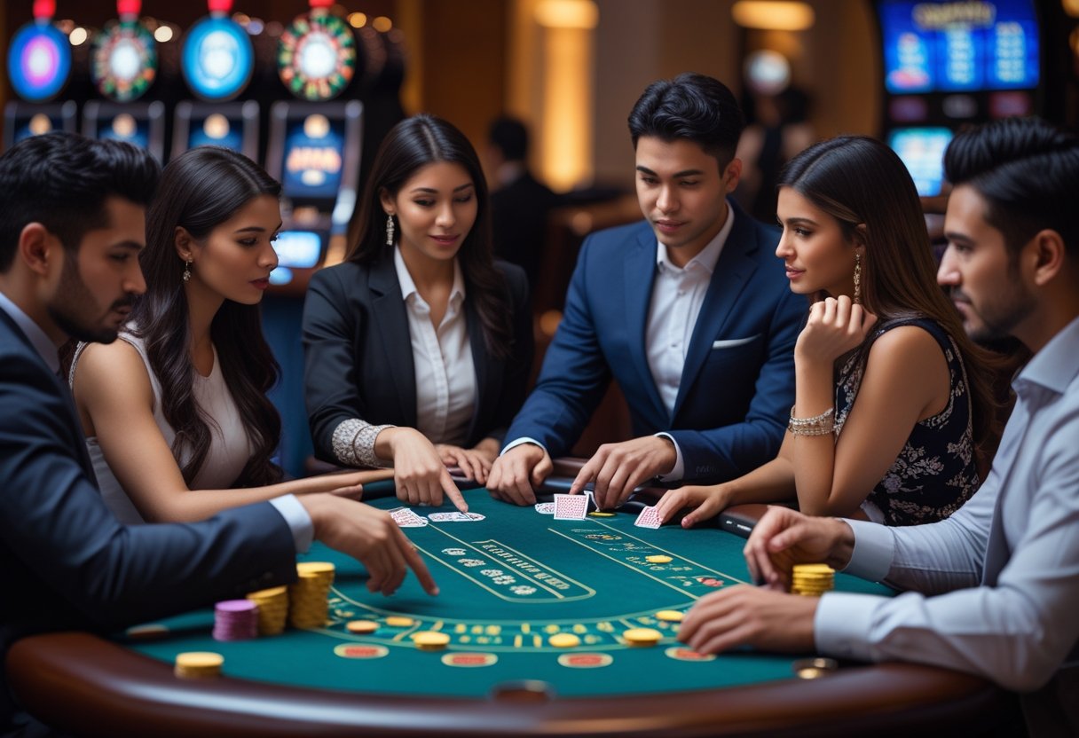 People around a blackjack table in a casino thoughtfully playing and discussing their game strategy.