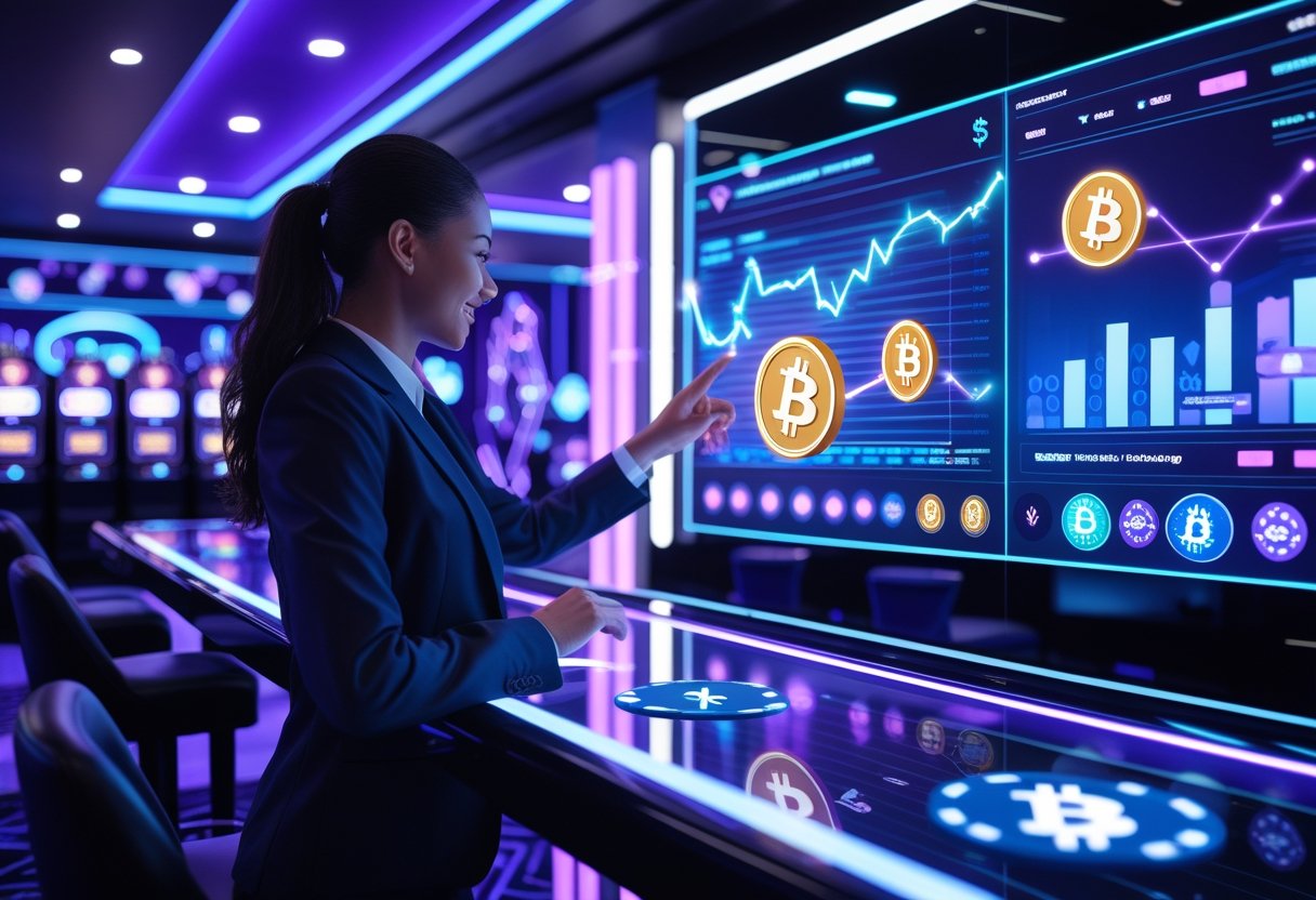 A person using a transparent touchscreen in a futuristic casino environment with cryptocurrency symbols and digital slot machines in the background.