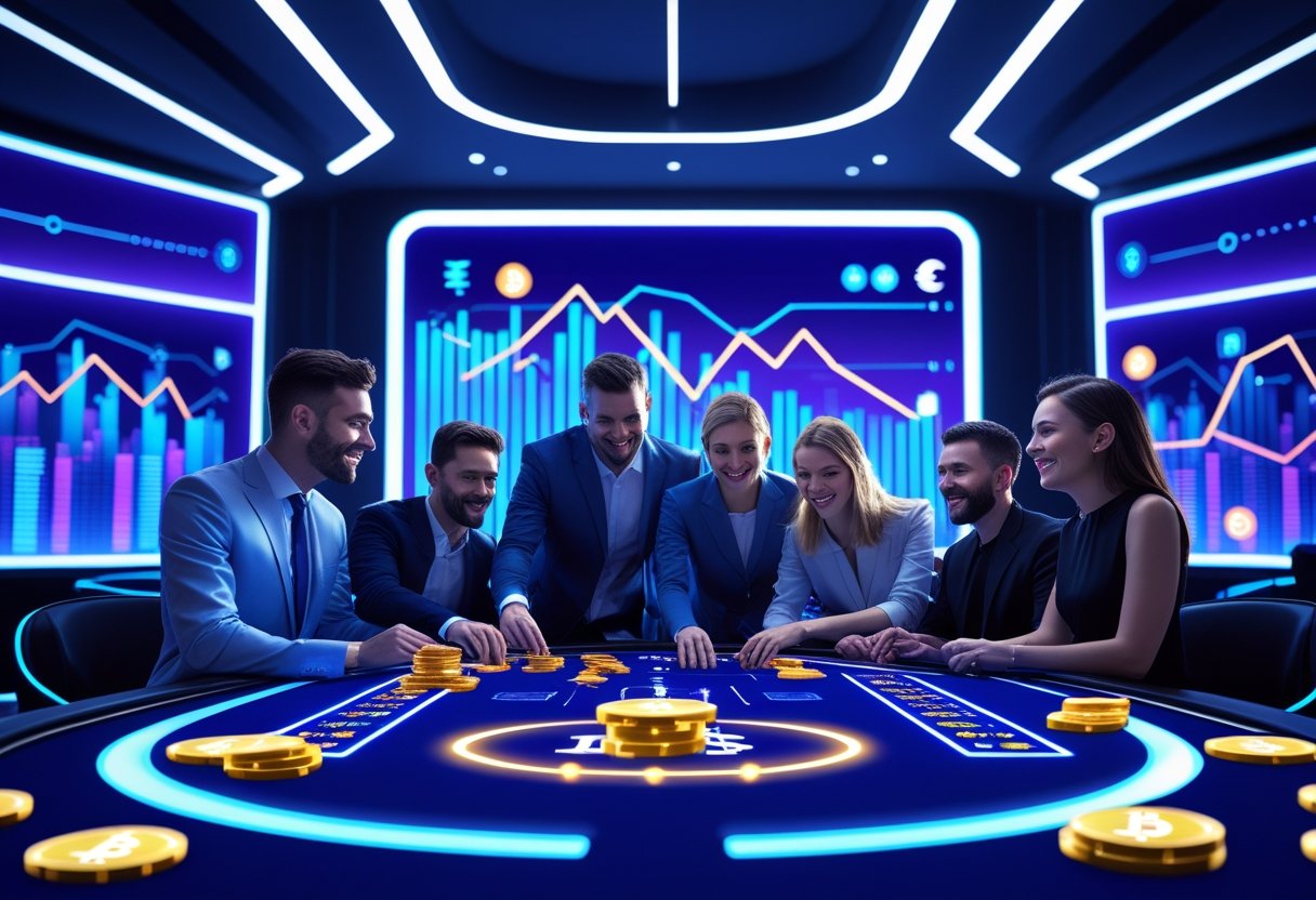 A group of people playing at a futuristic casino table with glowing cryptocurrency coins and digital screens in the background.
