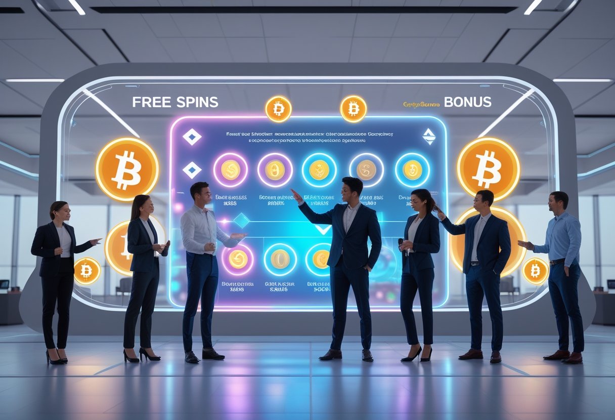 A group of people interacting with a futuristic digital casino interface showing various cryptocurrency bonus icons and symbols.