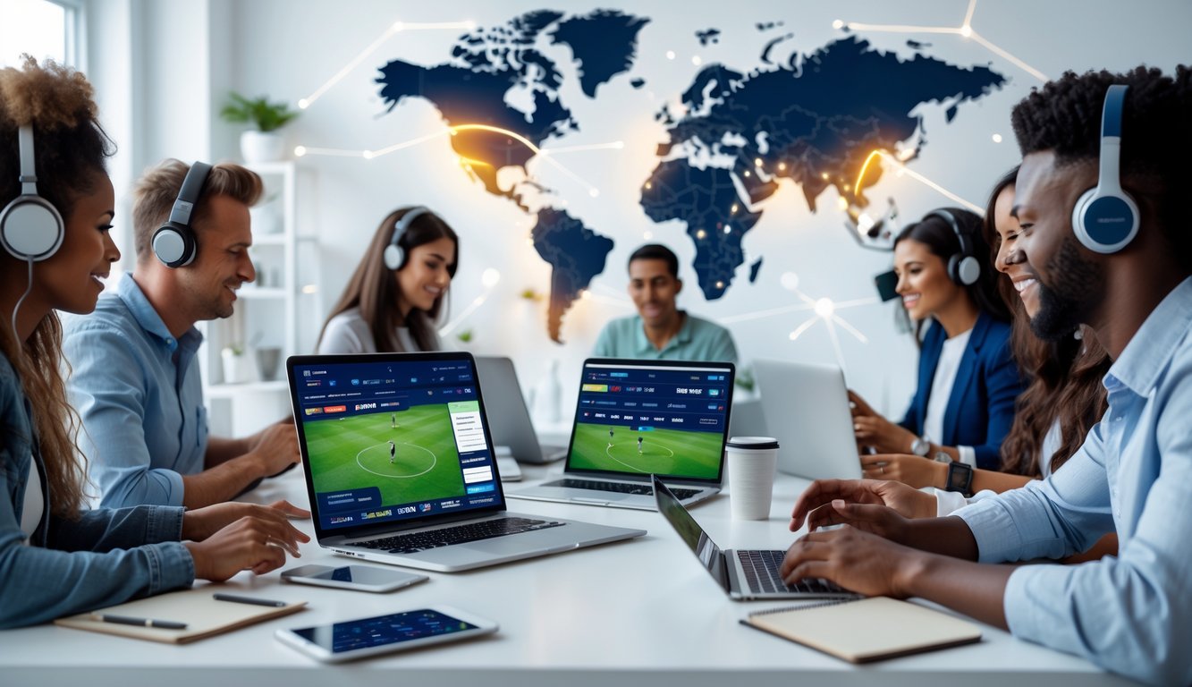 Beberapa orang menggunakan perangkat digital untuk mengakses pertandingan olahraga internasional dalam lingkungan kerja modern.