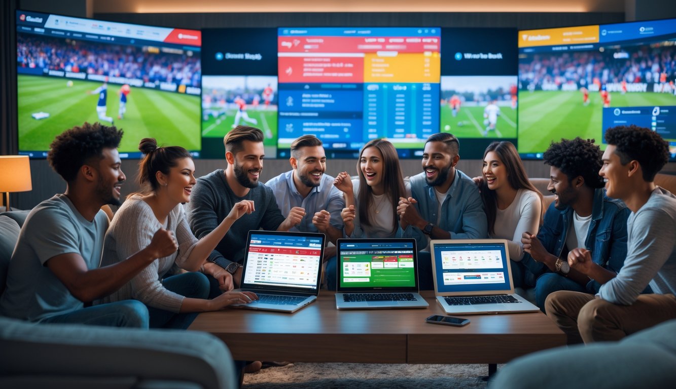 Sekelompok orang muda menggunakan perangkat digital untuk taruhan olahraga secara online di ruang tamu modern.