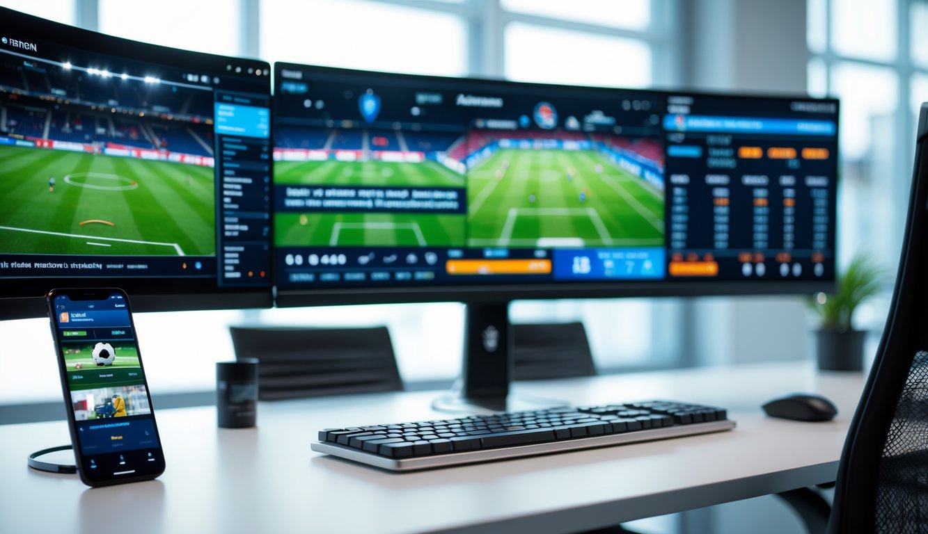 Meja kerja modern dengan beberapa layar komputer menampilkan pertandingan sepak bola secara langsung dan data statistik olahraga.