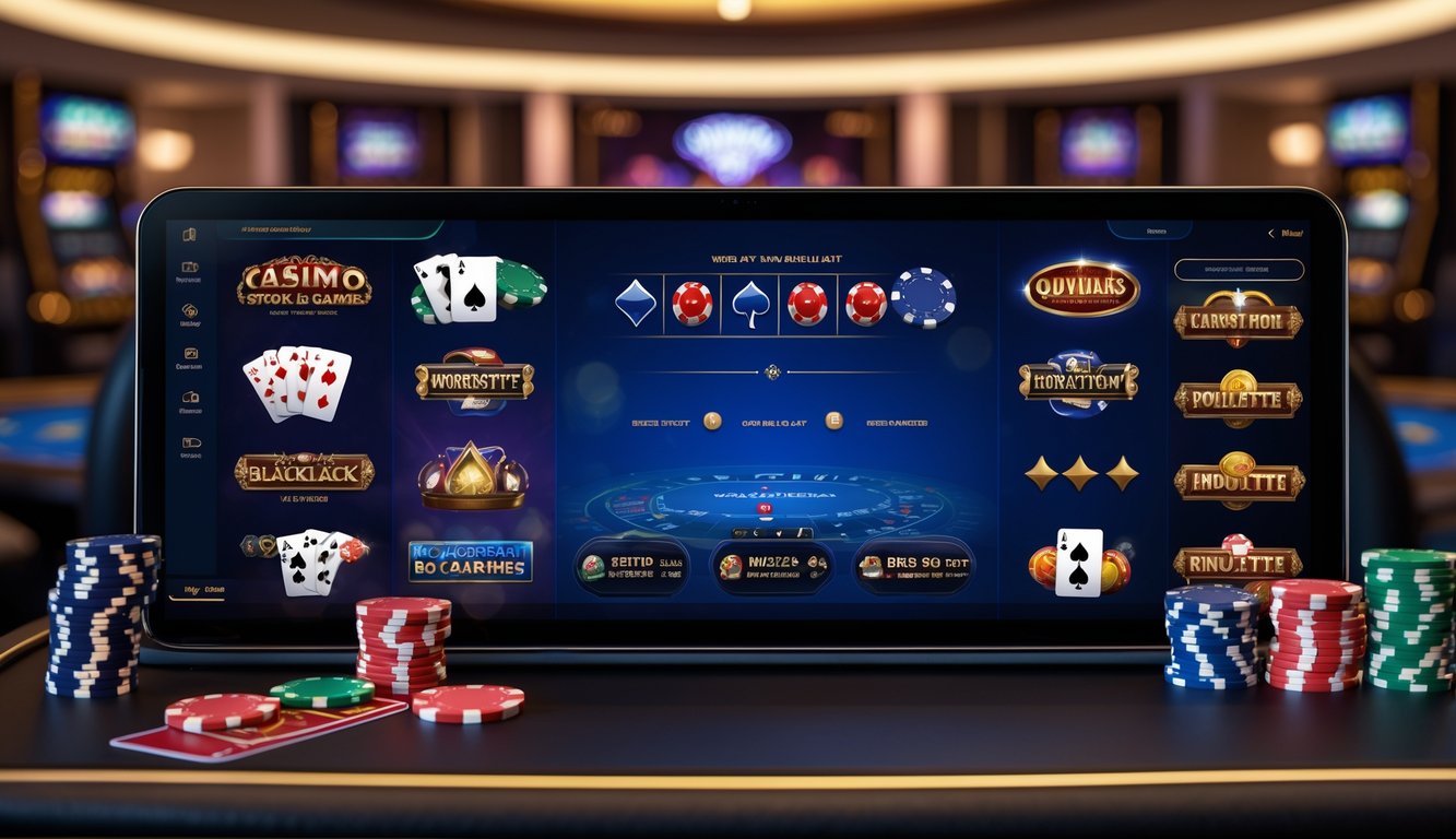 Layar komputer menampilkan berbagai permainan kasino kelas dunia dengan suasana mewah dan pencahayaan hangat.