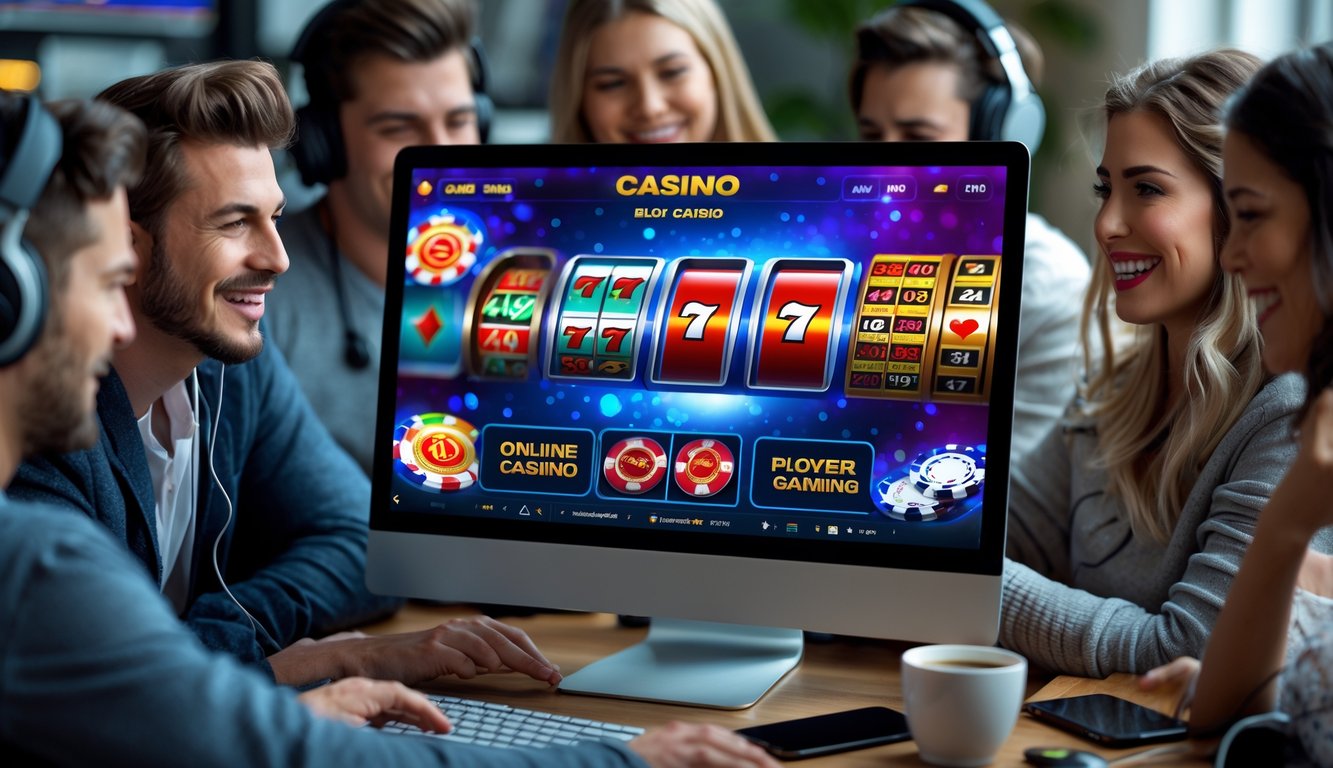 Orang-orang muda bermain permainan kasino online interaktif di komputer di lingkungan rumah yang nyaman.