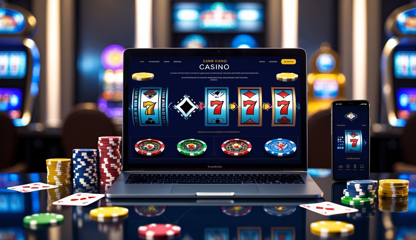 Seorang pengguna sedang mengakses situs kasino online terpercaya dengan komputer dan perangkat mobile di meja yang rapi.