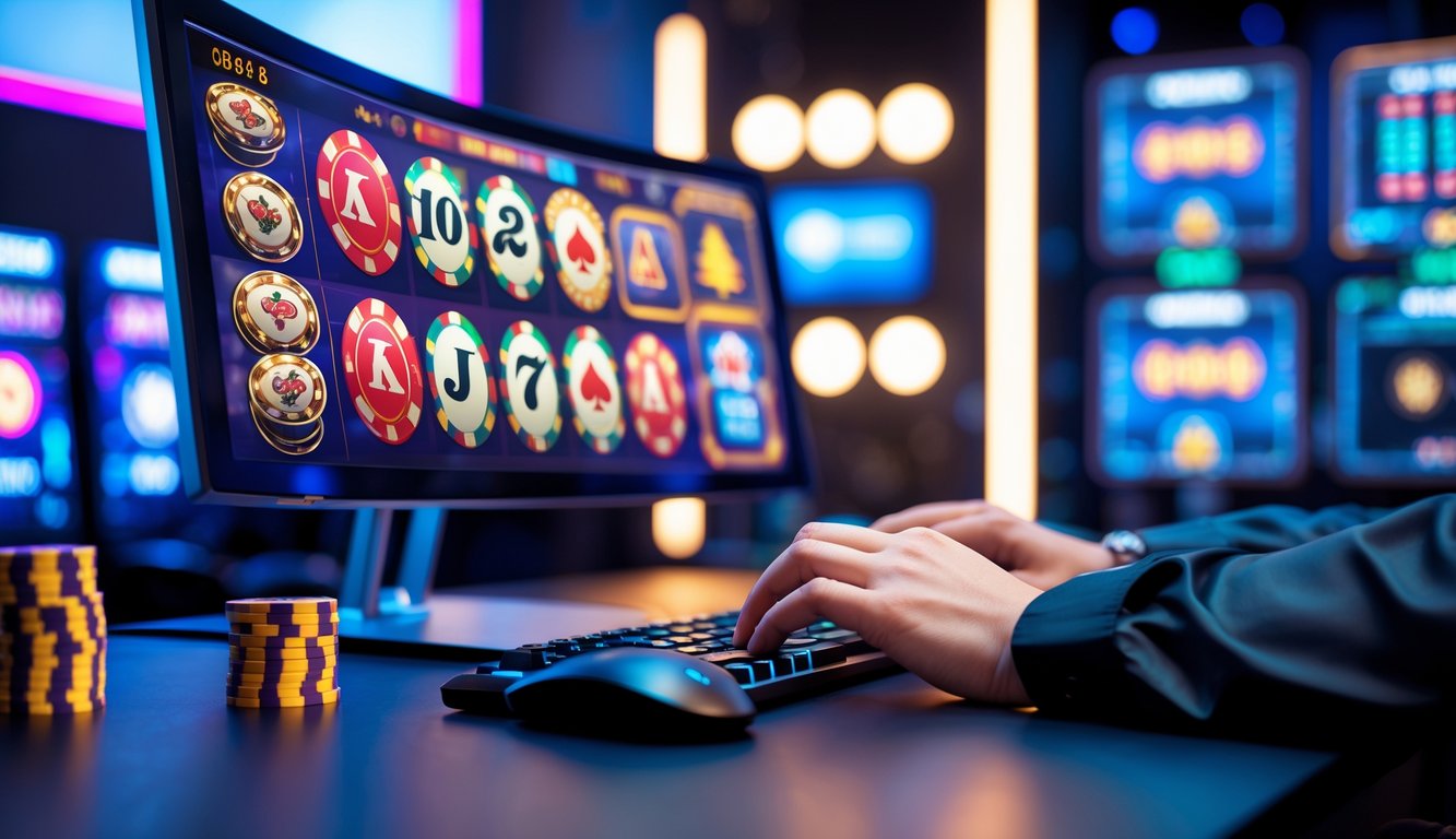 Meja kerja modern dengan monitor besar menampilkan permainan kasino online, tangan seseorang sedang menggunakan keyboard dan mouse.