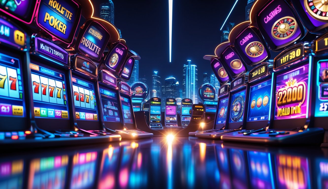 Tampilan antarmuka kasino online dengan berbagai permainan dan latar belakang kota bercahaya malam hari.
