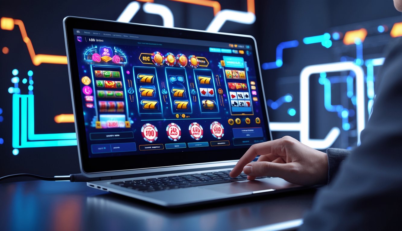 Seseorang menggunakan perangkat layar sentuh untuk bermain di platform kasino online dengan tampilan digital yang modern dan teknologi canggih.