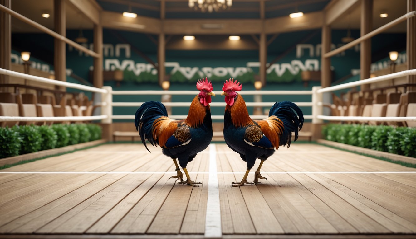 Arena sabung ayam yang bersih dan rapi dengan dua ayam aduan berwarna cerah di tengah ring dan tempat duduk penonton di latar belakang.
