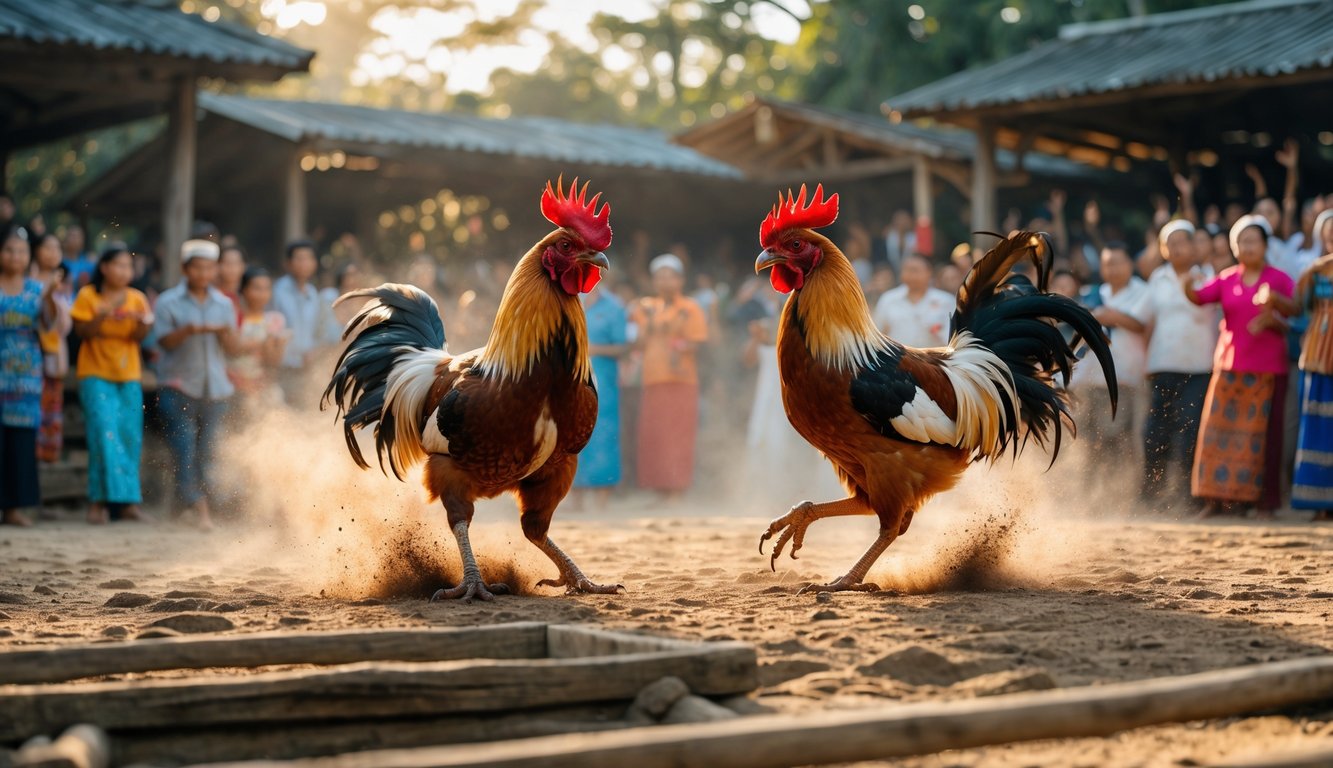 Dua ayam aduan sedang bertarung di arena kayu dengan penonton yang antusias mengelilingi mereka.