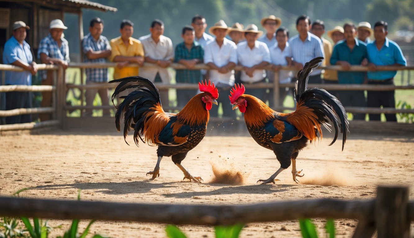 Dua ayam jago sedang bertarung di arena dengan penonton yang memperhatikan di sekitarnya.