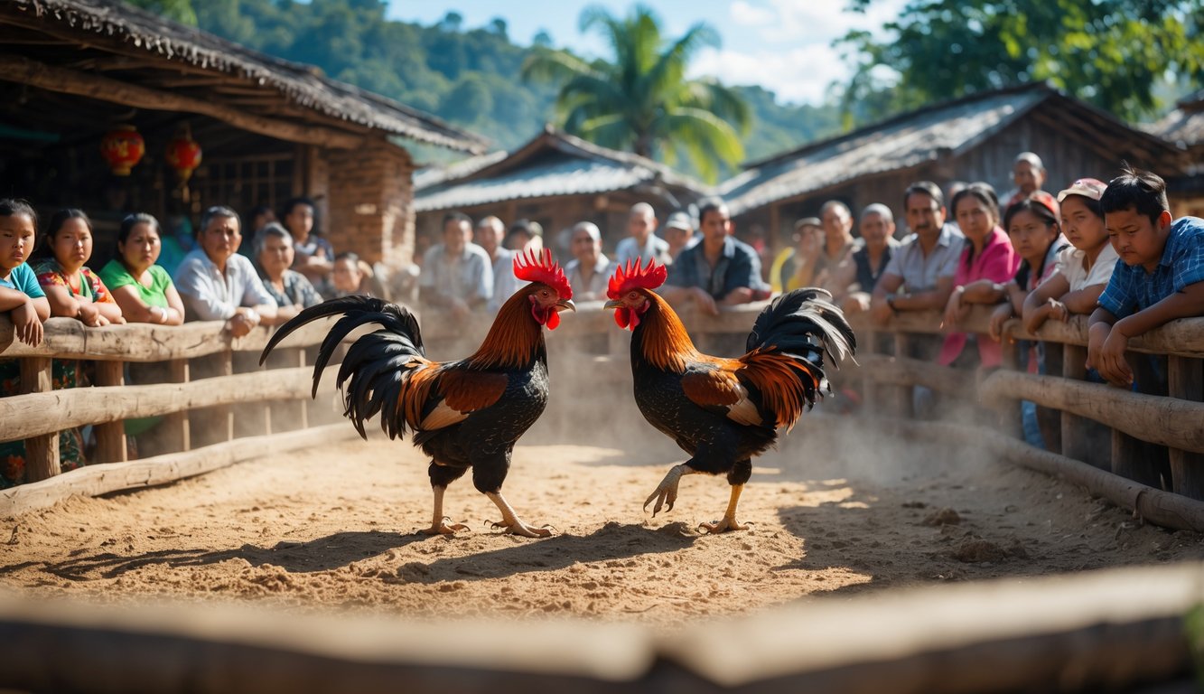 Dua ayam jago sedang bertarung di arena kayu dengan penonton yang memperhatikan di latar belakang di sebuah lingkungan desa.