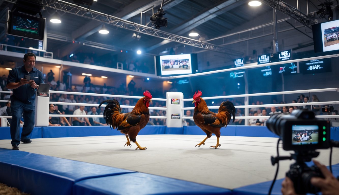 Dua ayam aduan sedang bertarung di arena yang dilengkapi dengan kamera dan layar siaran, dengan penonton menyaksikan dari tribun.