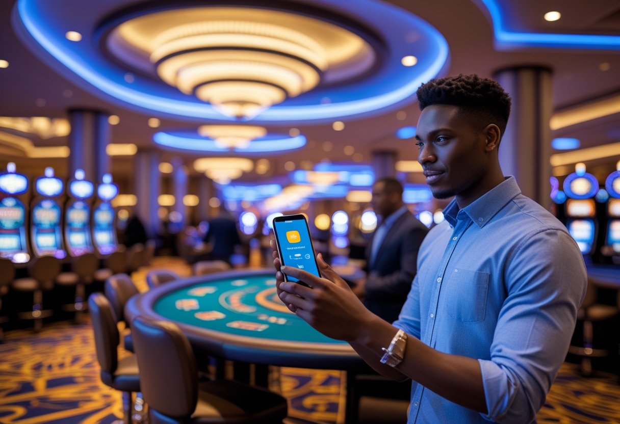 A person using a smartphone in a modern casino with slot machines and gaming tables in the background.