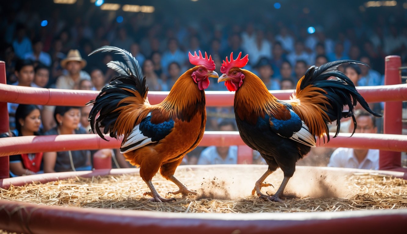 Dua ayam jantan sedang bertarung di arena sabung ayam dengan penonton yang memperhatikan di latar belakang.