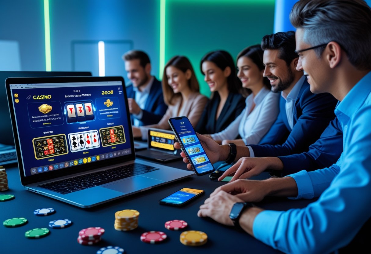 People using laptops and smartphones showing online casino games in a modern workspace.