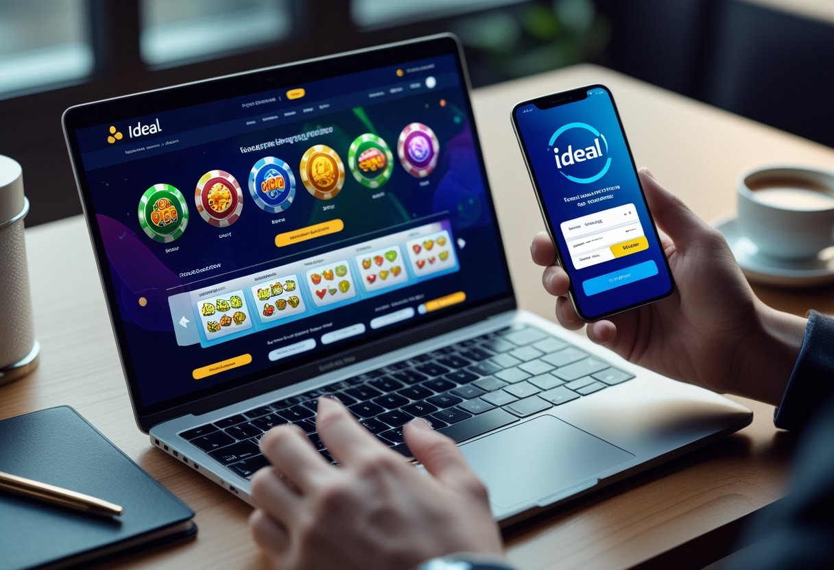 A person using a laptop and smartphone to access an online casino and make a payment with iDeal.