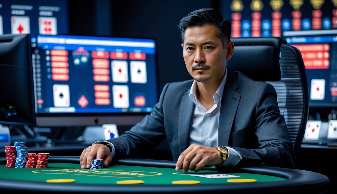 Seorang pemain poker berpengalaman duduk di depan komputer dengan tampilan kartu dan chip poker online.