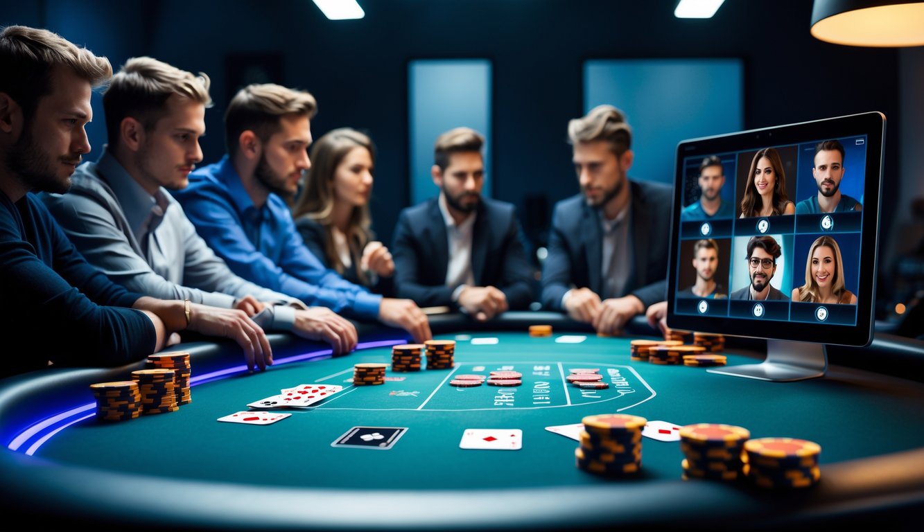 Sebuah meja poker digital dengan beberapa pemain yang sedang fokus bermain dalam suasana kompetitif.