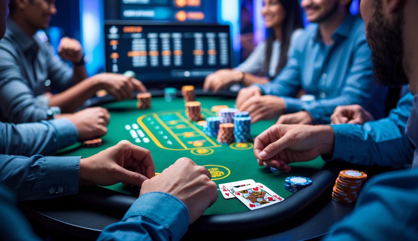 Seseorang bermain poker online dengan tampilan turnamen yang sedang berlangsung di layar komputer.