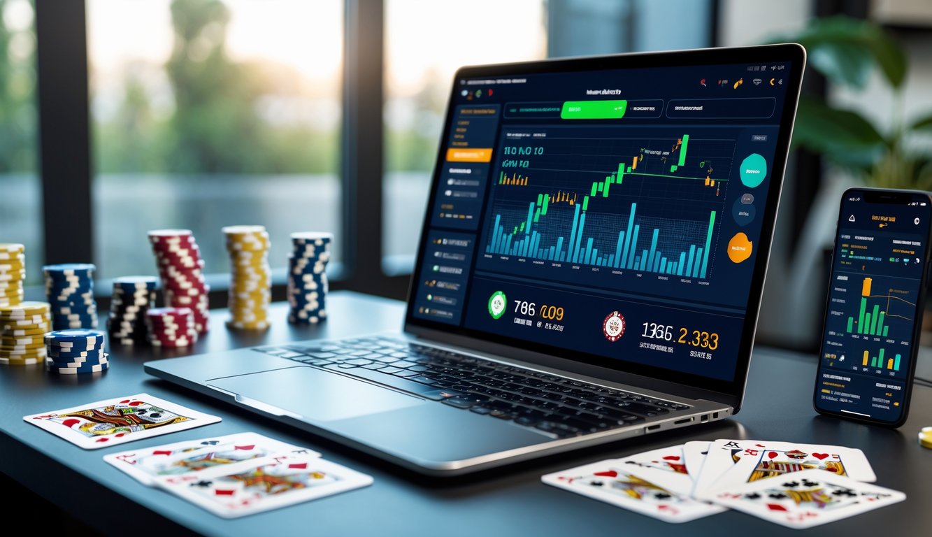 Seorang pemain poker online menggunakan laptop dengan tampilan grafik dan data analitik poker di meja kerja yang rapi dengan chip dan kartu poker.