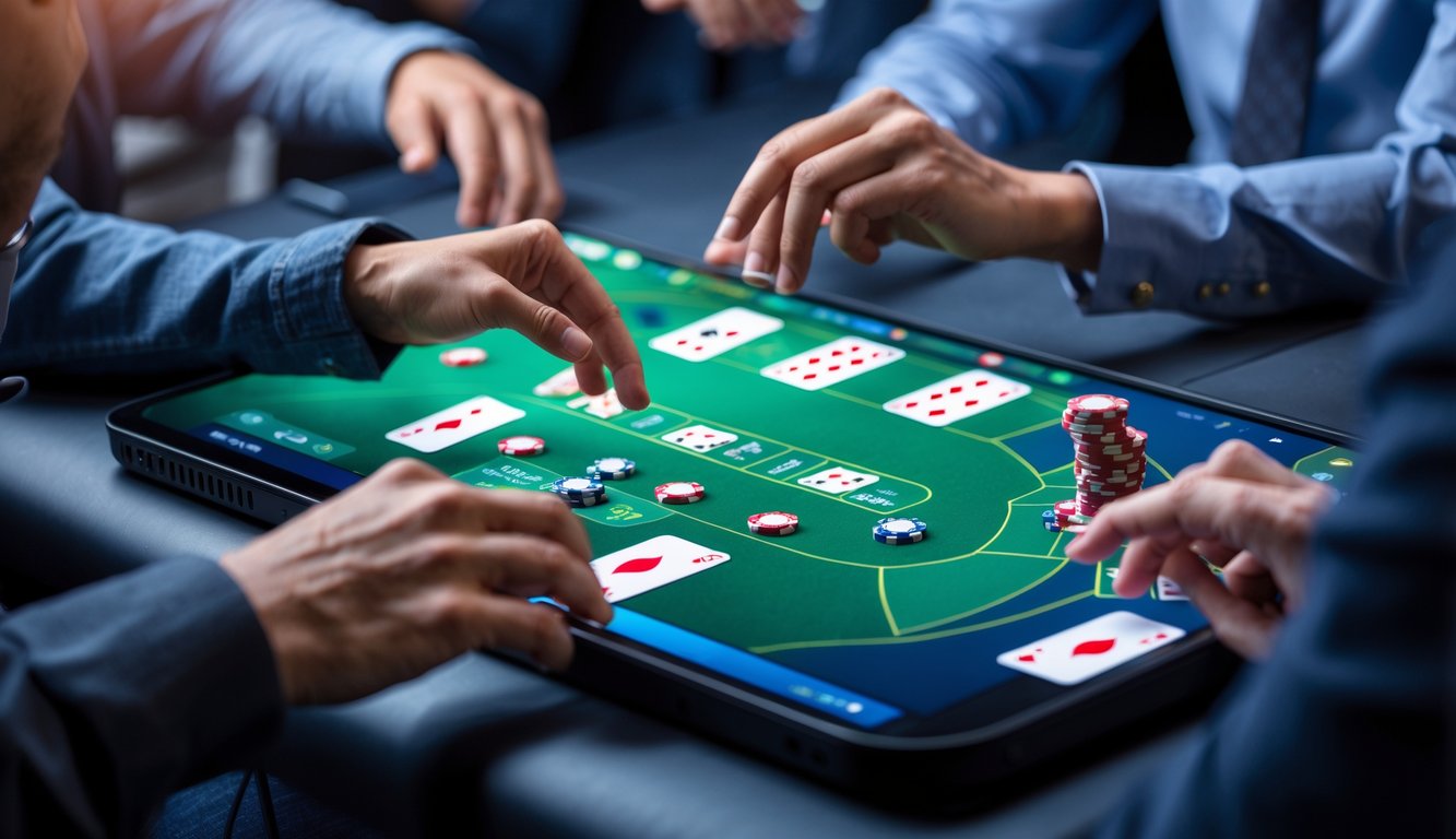 Layar perangkat digital menampilkan permainan poker online dengan kartu dan chip, tangan pemain berinteraksi dengan perangkat.