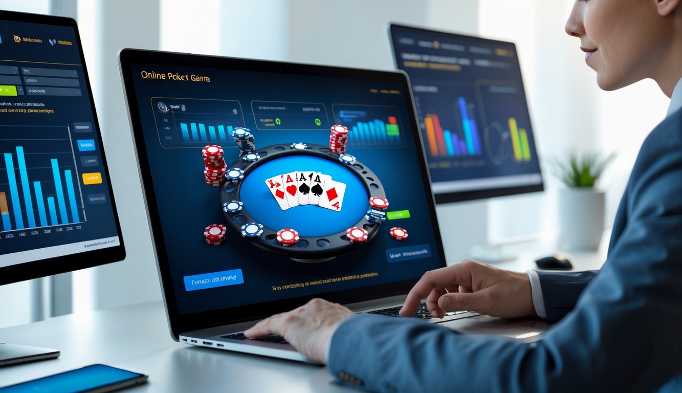 Seseorang sedang bermain poker online di komputer dengan suasana kerja yang rapi dan perangkat teknologi di sekitar.