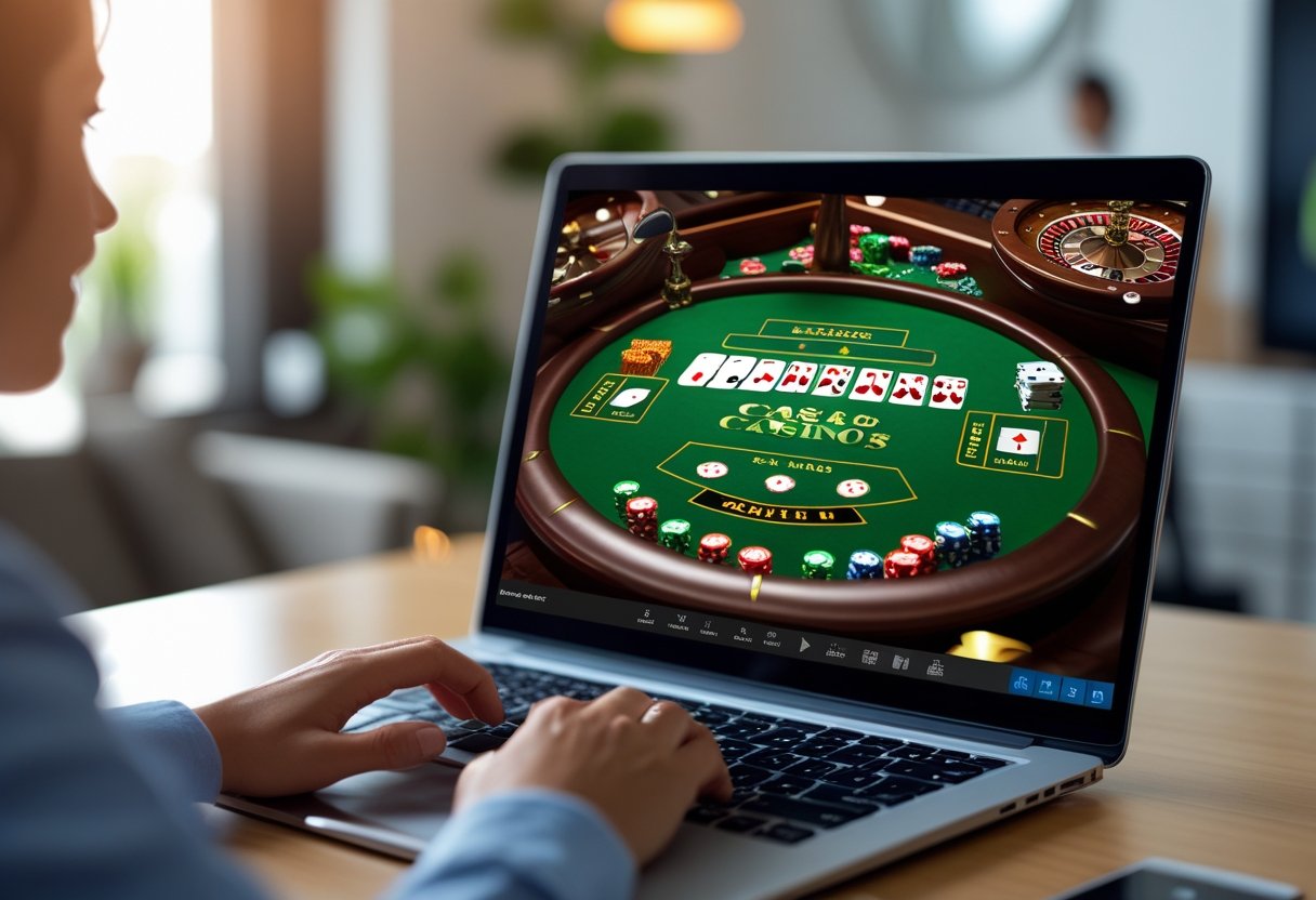 A person playing an online craps game on a laptop with dice and betting chips visible on the screen.