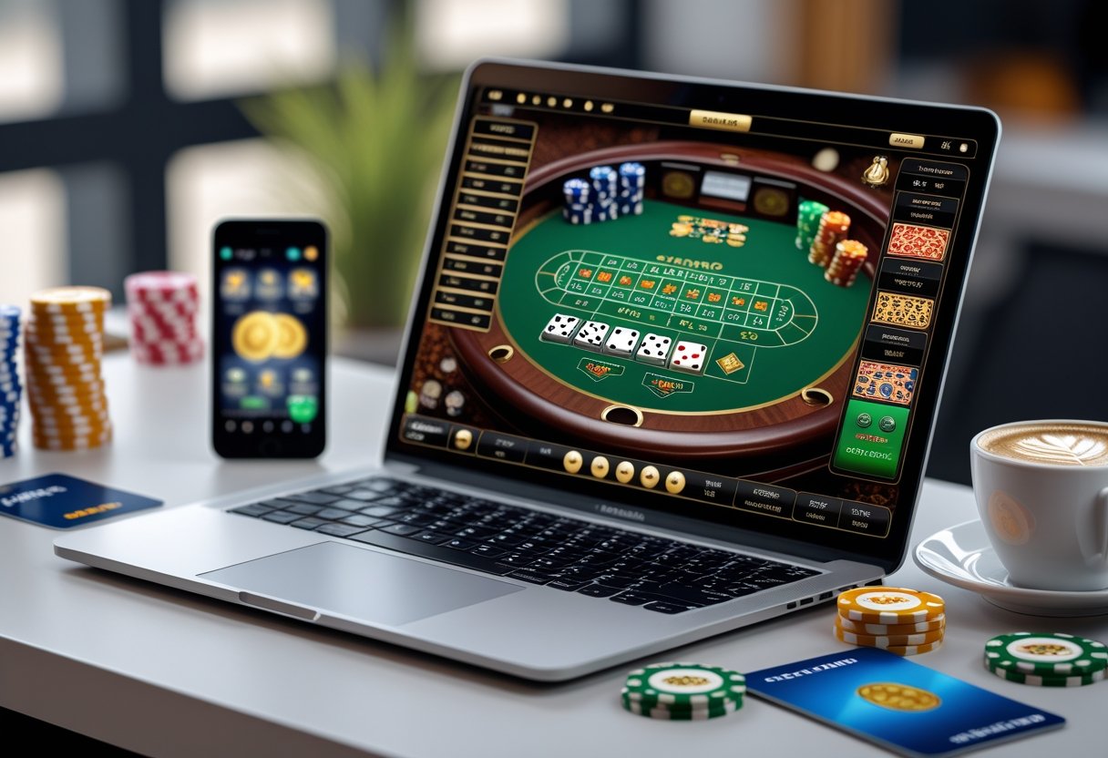 A laptop displaying an online craps game with dice rolling, chips stacked nearby, and a smartphone and credit card on a desk.