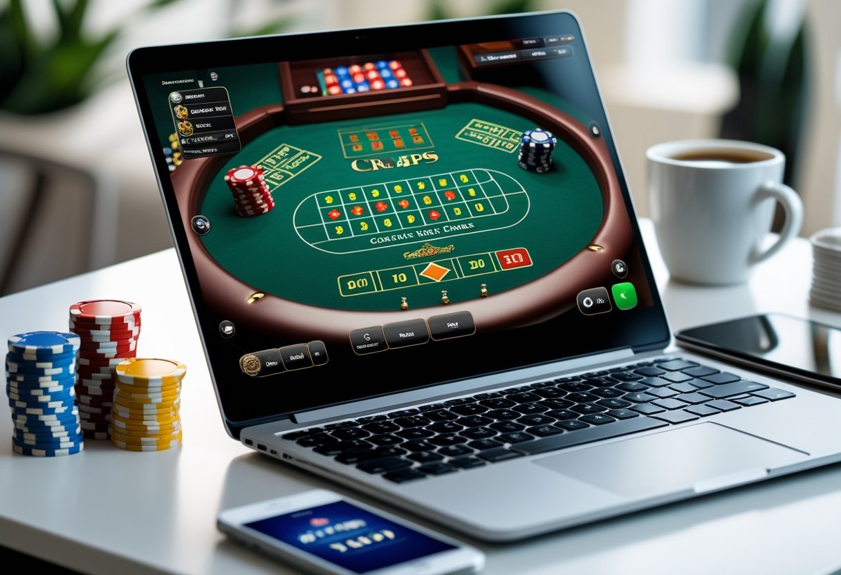 A laptop on a desk showing an online craps game with colorful chips and dice on the screen, surrounded by casino chips and a smartphone.